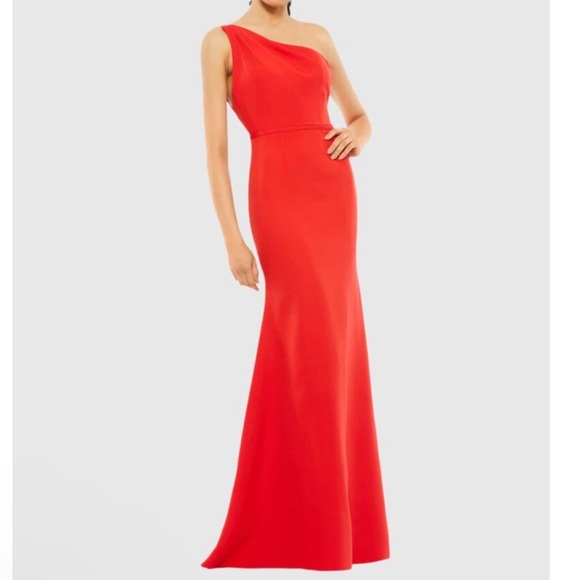 Mac Duggal Red One Shoulder Jersey Mermaid Train Gown With Strappy Back -Reemoly